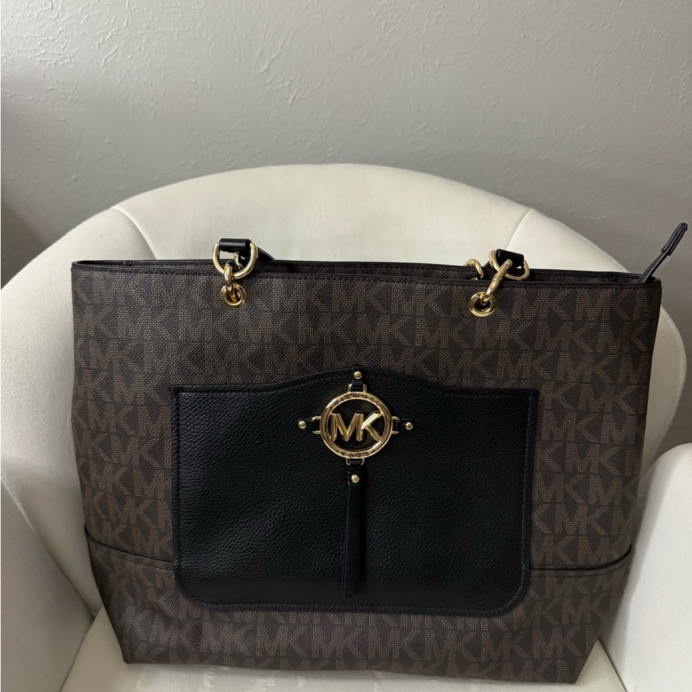 Michael Kors Brown and Black Tote with Gold Accents